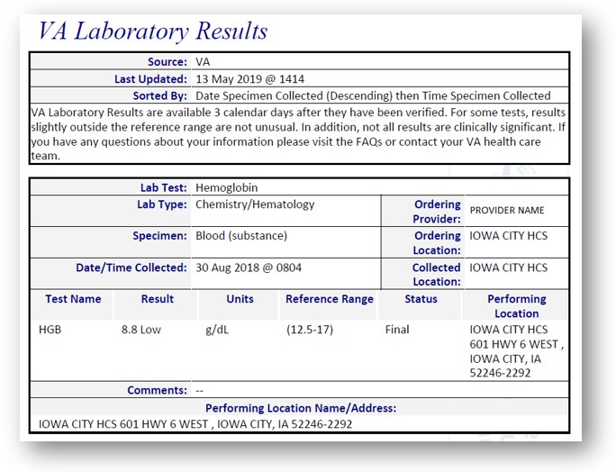 Screenshot of VA Laboratory Results